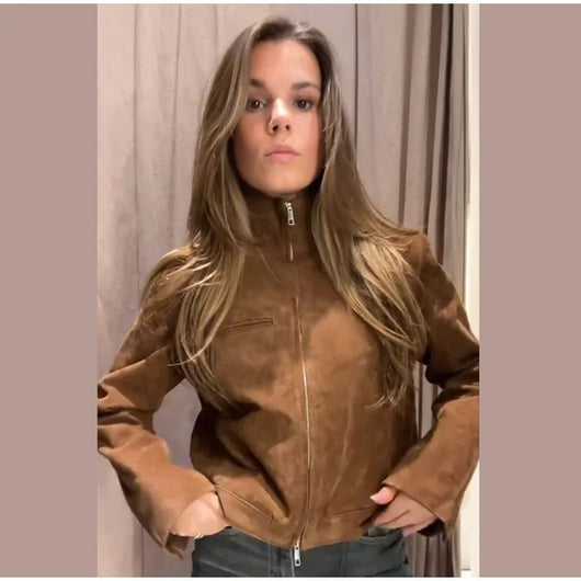 Chaqueta de Gamuza Marrón para Primavera con Cuello de Pie y Cierre - Image 11
