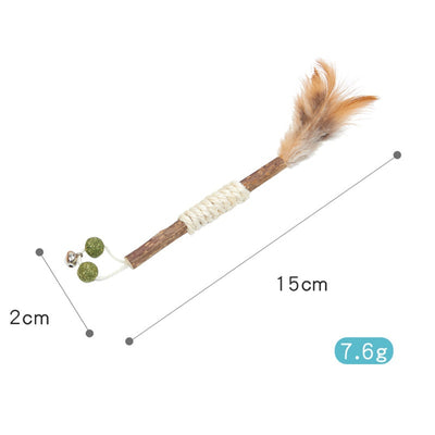 Feather and sisal cat toy with a wooden stick, green sisal ball, and brown feathers for molar cleaning. - Image 8