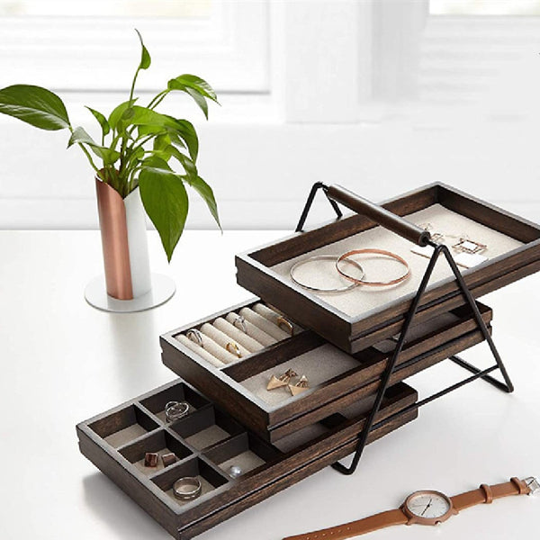 Organizador de Joyas de Madera con 3 Niveles - Perchero para Aretes, Collares y Relojes