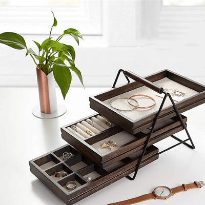 Organizador de Joyas de Madera con 3 Niveles - Perchero para Aretes, Collares y Relojes