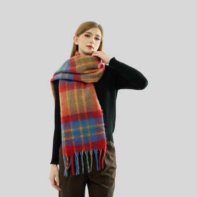 Bufanda Escocesa Mohair Arcoíris con Flecos, Gruesa y Cálida