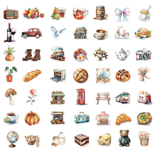 50 cartoon-style graffiti stickers featuring holiday and daily life themes, displayed around a pink and blue gradient water bottle with a bow sticker. - Image 11