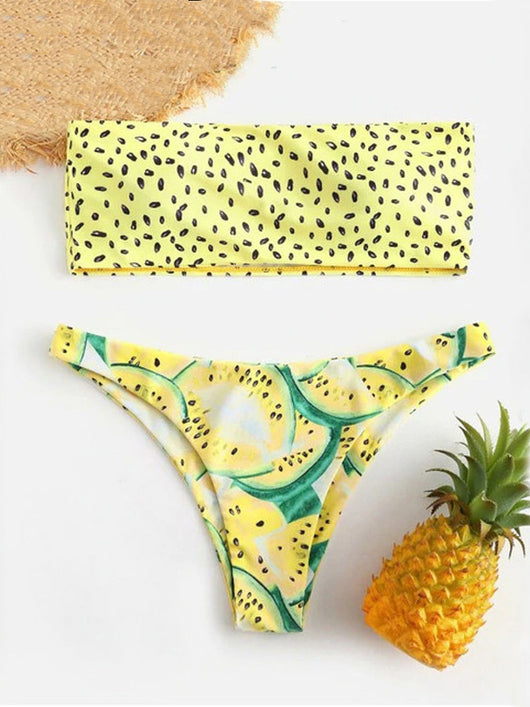 Red bandeau bikini top with black watermelon seed print and high-waisted bottoms with watermelon slice pattern. - Image 11