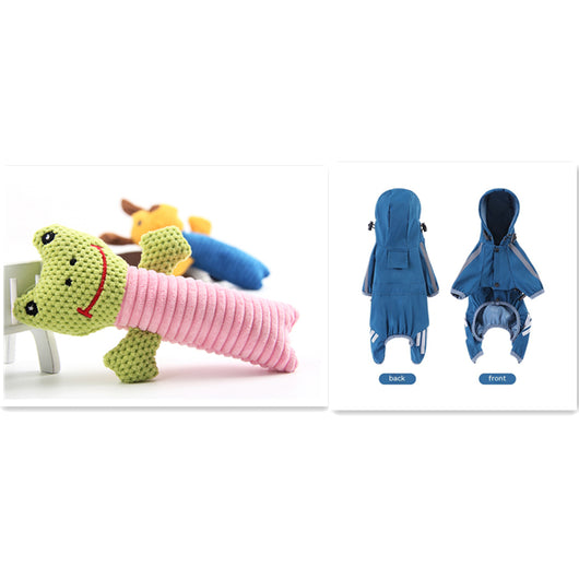 Yellow and blue plush dog toy with ribbed body, alongside a blue dog raincoat with hood and reflective strips. - Image 7