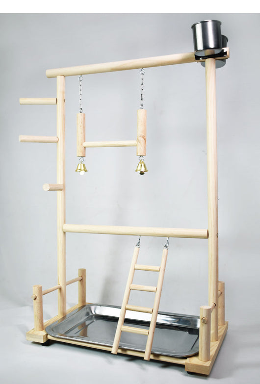 Wooden bird play stand with multiple perches, two hanging ladders, and a removable stainless steel tray. - Image 5
