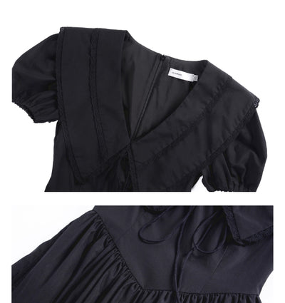 Vestido Negro Elegante con Cuello V y Mangas Abullonadas Estilo Francés - Image 8