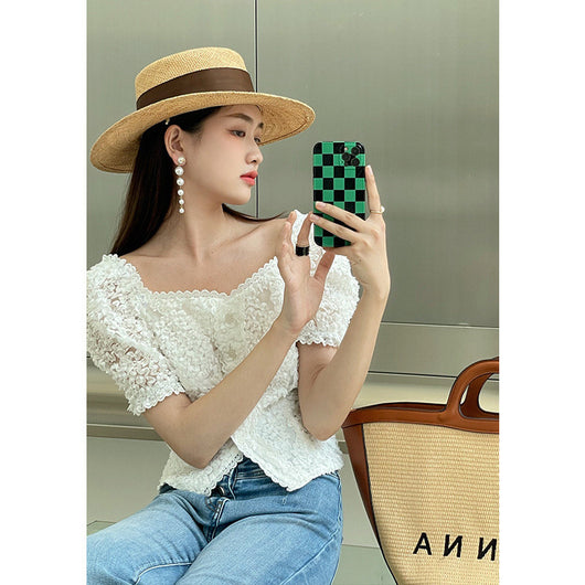 Blusa Cropped Retro Francesa Bordada para Mujer