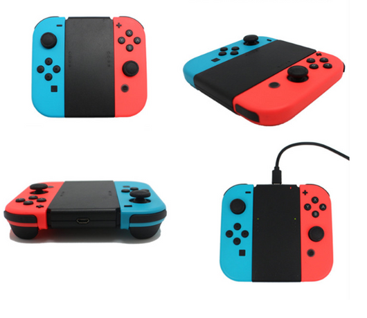 Black charging grip for Nintendo Switch Joy-Cons, shown in packaging and as a standalone unit, with blue and red controllers. - Image 10