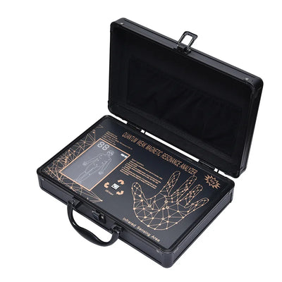 Black 6G Quantum Analyzer Palm Touch Health Detector in a briefcase-style case, with a hand on the sensor. - Image 10