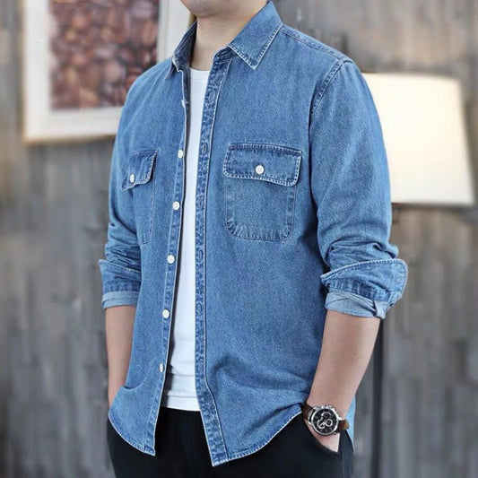 Camisa Denim Ligera Manga Larga Suelta para Hombre Otoño