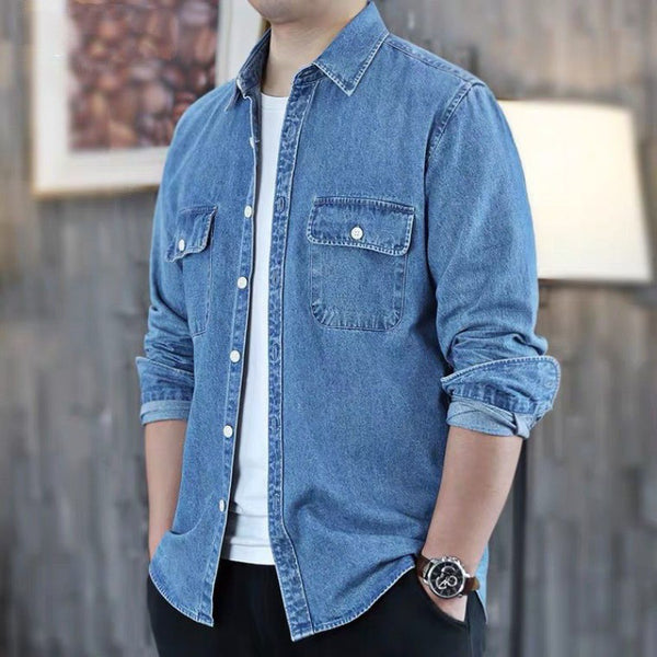 Camisa Denim Ligera Manga Larga Suelta para Hombre Otoño