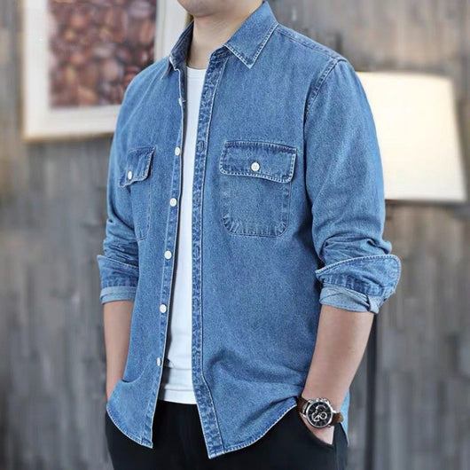 Camisa Denim Ligera Manga Larga Suelta para Hombre Otoño
