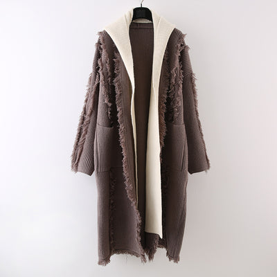 Cardigan Tejido con Capucha y Borlas - Suéter Falsa Dos Piezas Largo - Image 4