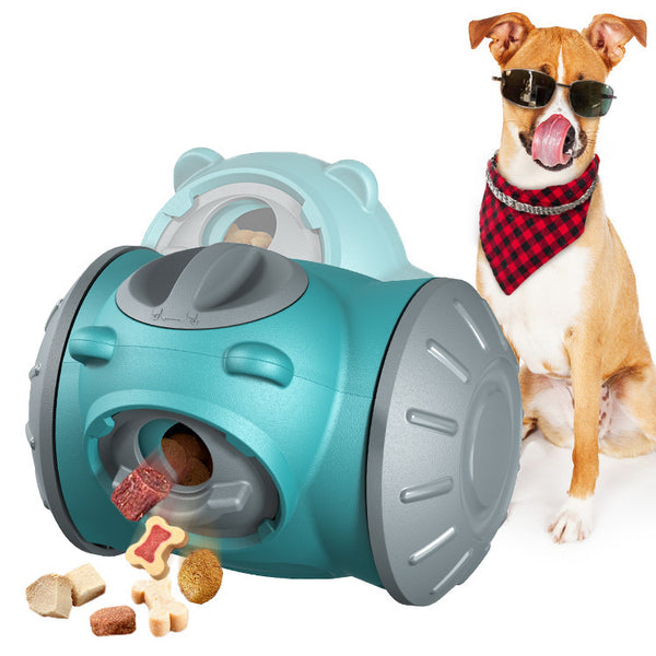 Red and grey pet treat dispenser toy with a bear-like head, designed as a self-balancing tumbler for slow feeding.