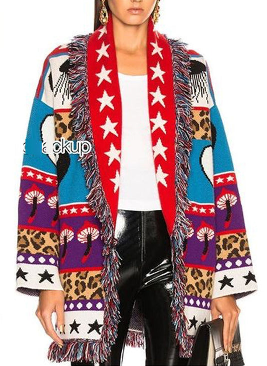 Cardigan de Cachemira Jacquard con Estrellas - Abrigo Slim Europeo Midi