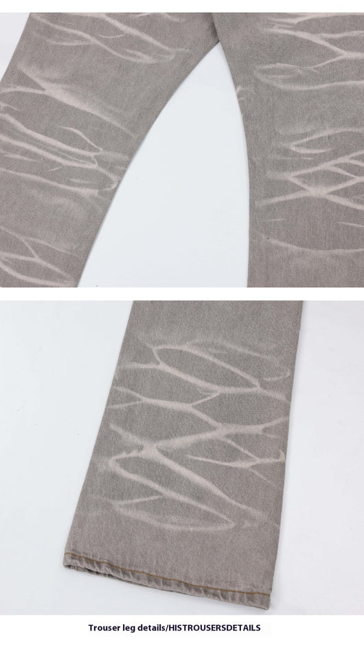Jeans Rectos Desgastados a Mano Gris Mud con Rayas Retro - Image 16