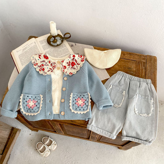 Cardigan Tejido a Mano para Niños con Cuello Redondo y Bolsillos Calados - Image 2
