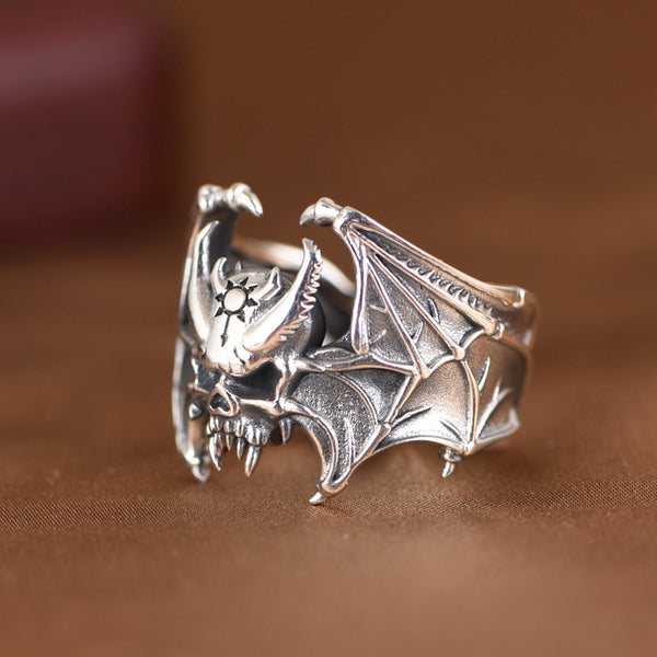 Anillo Abierto Calavera Murciélago en Plata S925 - Estilo Retro Personalizado
