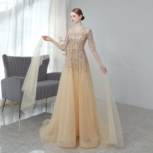 Vestido de Noche Largo Dorado Premium con Mangas Volantes - Image 5