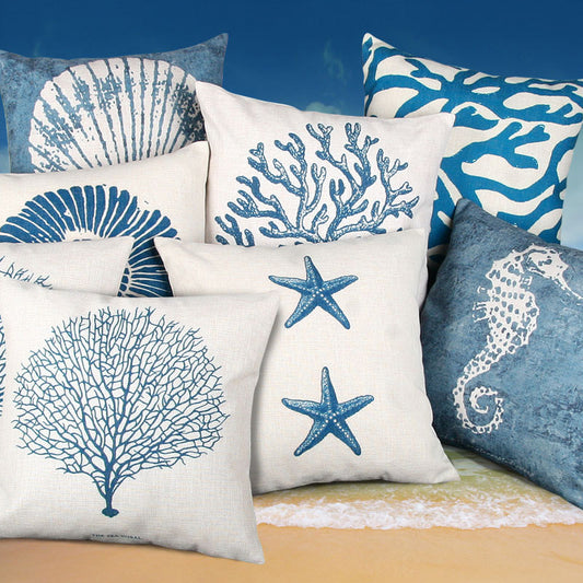 Funda de Almohada Estilo Mediterráneo con Concha Marina, Estrella de Mar y Coral