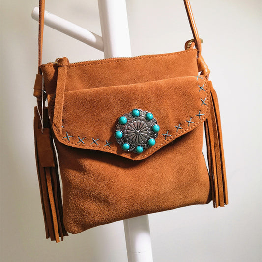 Bolso Bandolera Vintage con Fleece y Flecos Florales