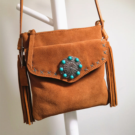 Bolso Bandolera Vintage con Fleece y Flecos Florales