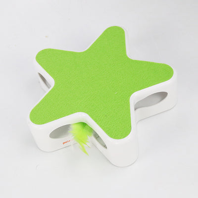 White star-shaped cat toy with a bright green felt top and a yellow-green feather peeking from a side opening. - Image 8