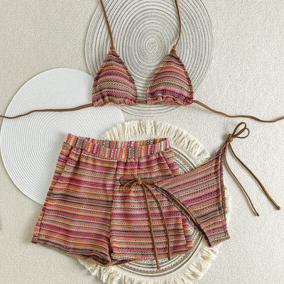Traje de Baño Tres Piezas con Shorts Tejidos de Contraste - Image 20