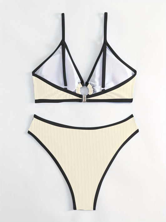 Women's dark blue ribbed two-piece swimsuit with light blue trim, triangle top, and high-cut bikini bottom. - Image 9