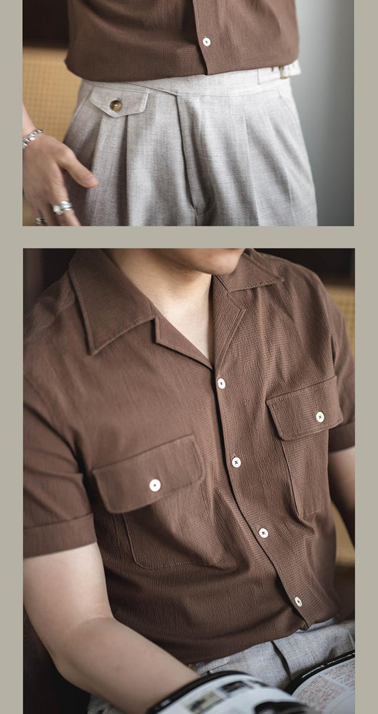Camisa Retro Seersucker de Color Sólido con Cuello Cubano Británico - Image 10