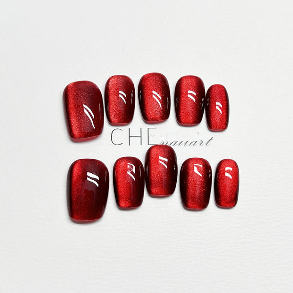 Pegatinas de Uñas Ojo de Gato Rojo Vino - Diseño Personalizado Hecho a Mano