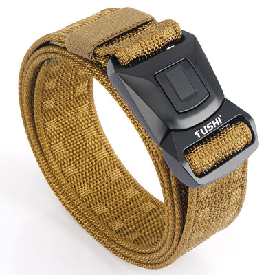 Men's tan tactical belt with a black quick-release buckle, coiled on a white background. - Image 3