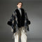 Navy Tartan Shawl with Fur Collar - Warm Coat