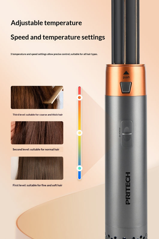 5-in-1 multifunctional hair styler with dark gray handle and rose gold accents, including hot air comb, curling wands, and paddle brush attachments, plus a blac - Image 7