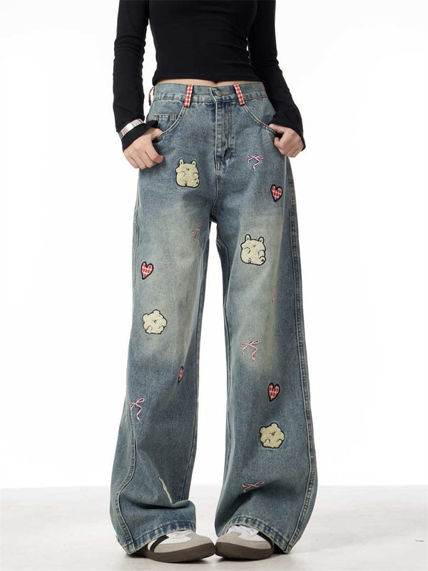 Pantalones Rectos Vintage con Bordado de Cordero para Mujer - Image 4