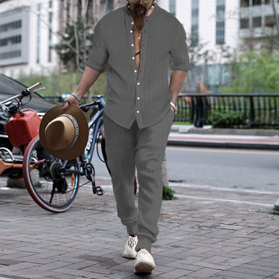 Pantalón y Camisa de Rayas con Cuello Hengli para Hombre - Image 2