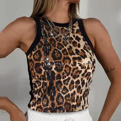 Chaleco Cropped sin Mangas con Lentejuelas y Estampado Leopardo - Image 3