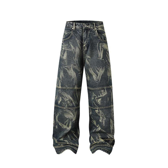 Jeans Rectos Hip Hop con Costuras Destacadas y Desgaste Artesanal