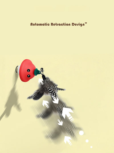 Red and white mushroom-shaped cat toy with cartoon eyes, a green loop, and a suction cup base, showing dimensions. - Image 15