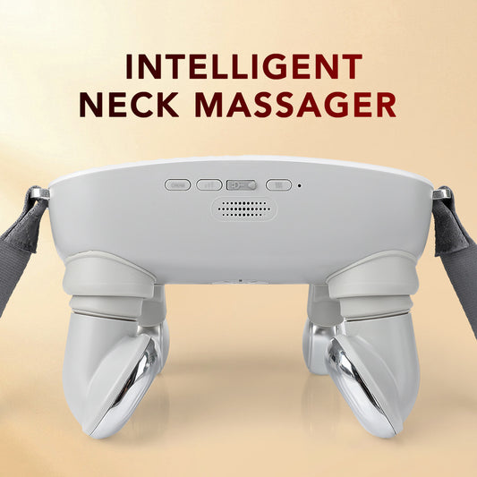 White and grey 3D smart neck massager with remote control, USB cable, and user manual, shown with its packaging. - Image 2