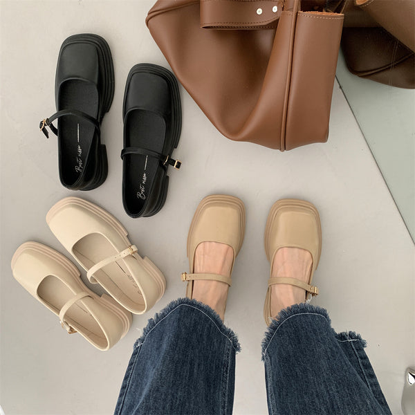Zapatos de Cuero con Plataforma Estilo Británico para Mujer con Hebilla y Perla
