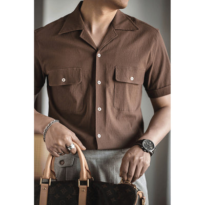 Camisa Retro Seersucker de Color Sólido con Cuello Cubano Británico - Image 3