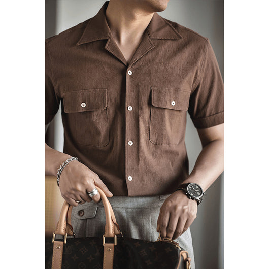 Camisa Retro Seersucker de Color Sólido con Cuello Cubano Británico - Image 3
