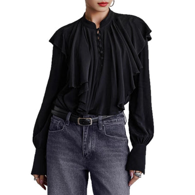 Blusa Negra Elegante con Volantes Drapeados Estilo Palacio - Image 3