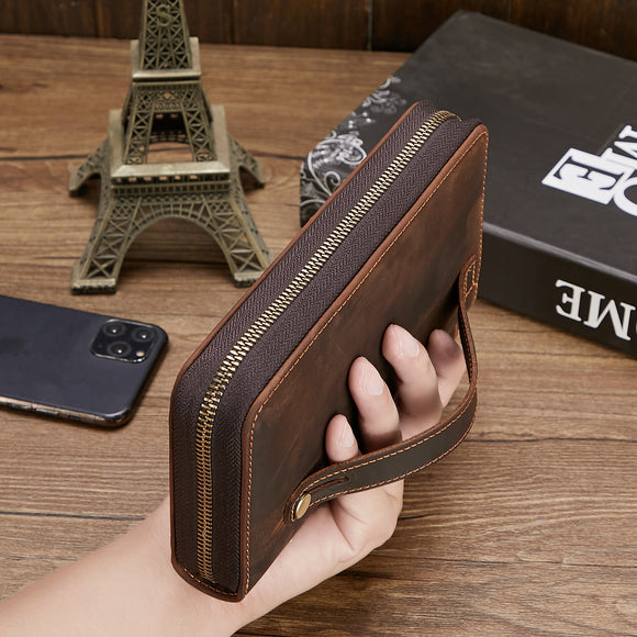Billetera de Cuero Retro Multifuncional con Cierre para Hombre