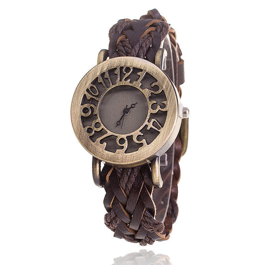 Reloj Pulsera de Cuero Tejido con Diseño Retro Hueco para Mujer - Image 2