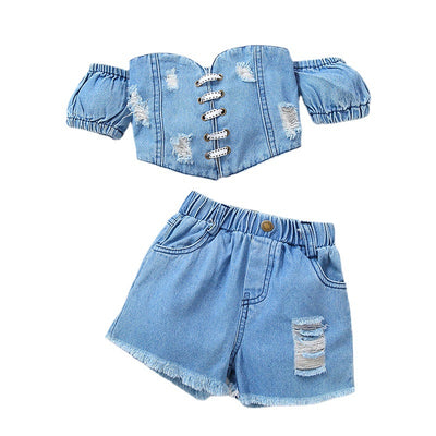 Conjunto de Shorts y Top Denim Rotos para Niñas - Image 5