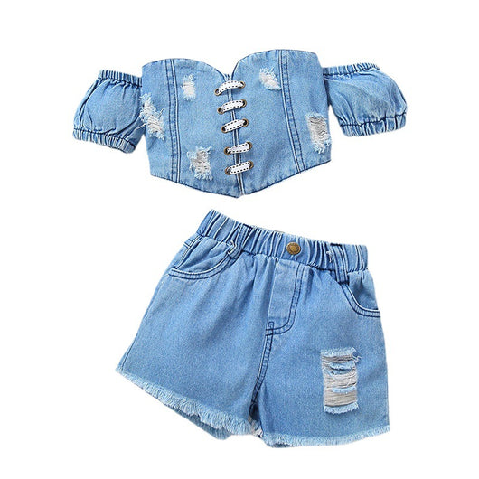 Conjunto de Shorts y Top Denim Rotos para Niñas - Image 5