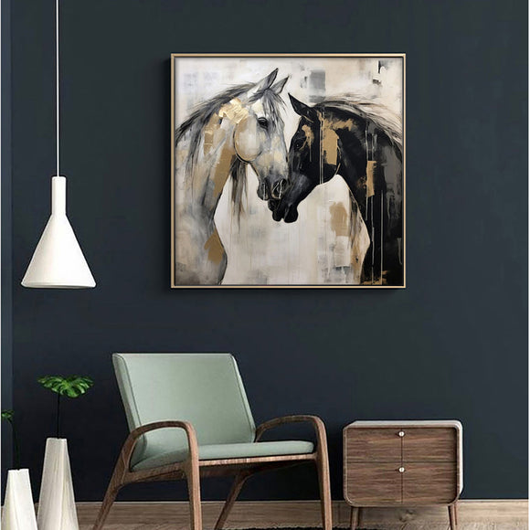 Cuadro Abstracto de Caballos Pintado a Mano - Arte Moderno en Blanco y Negro para Oficina