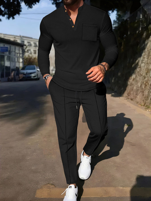 Conjunto Casual de Pantalón y Camiseta Henley Texturizada de Manga Larga para Hombre - Image 8